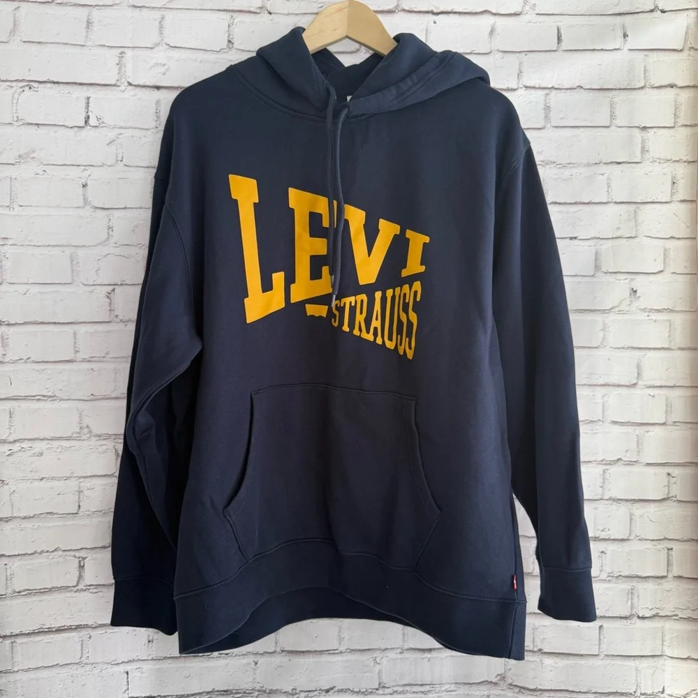 Levi's Men's Dark Blue Hoodie with Yellow‎ Logo